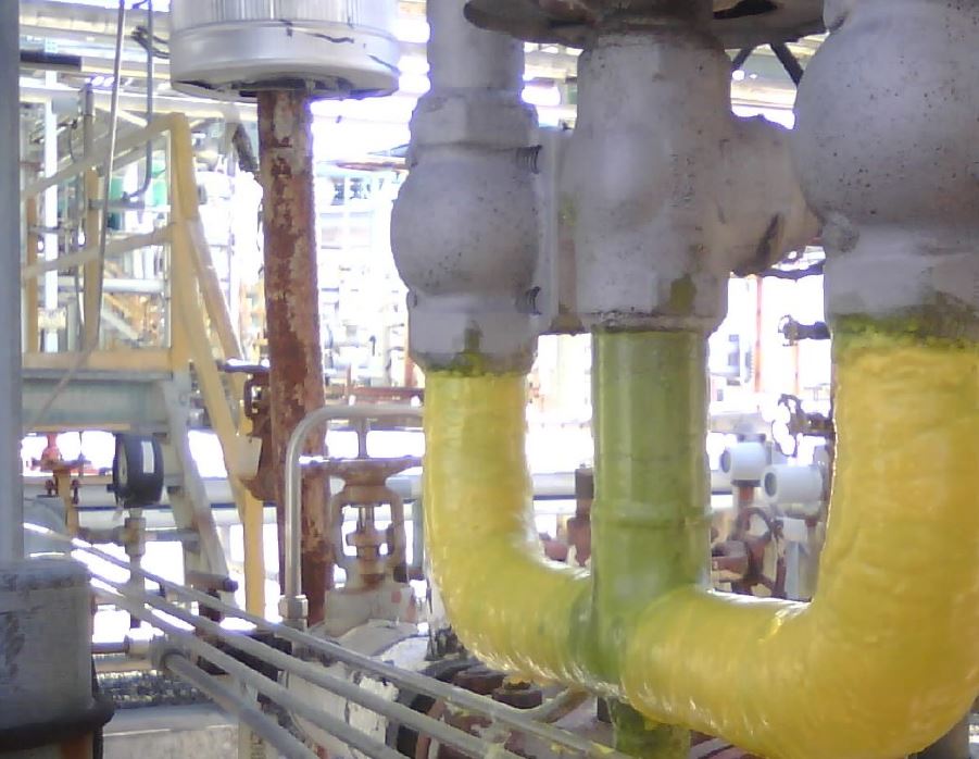 ThermoWrap was applied to repair corrosion under insulation (CUI) on two elbows.