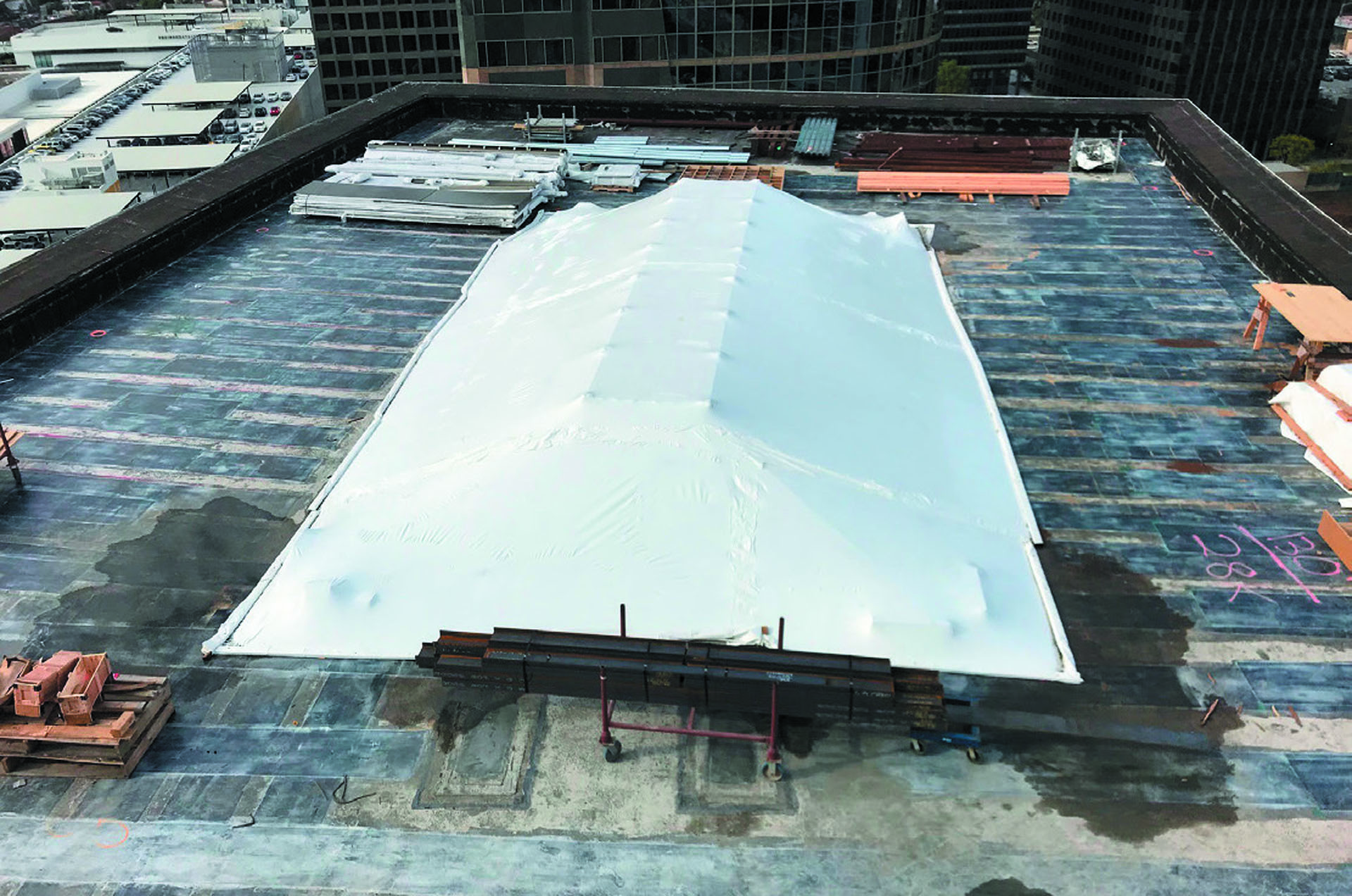 Diaphragm shear retrofit on roof level